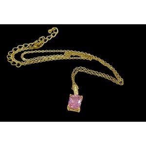 Pink Crystal Cubic Zirconia Chained Necklace Pendant Square Rhinestone Sparkling